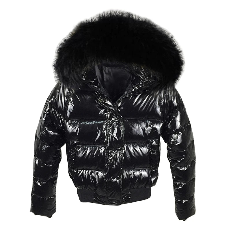 Women’s Shiny Puffer Jacket with Fur Hood