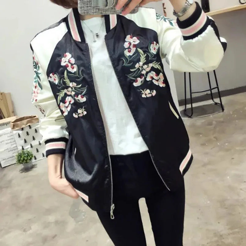 Women's Satin Sukajan Embroidered Bomber Baseball Jacket