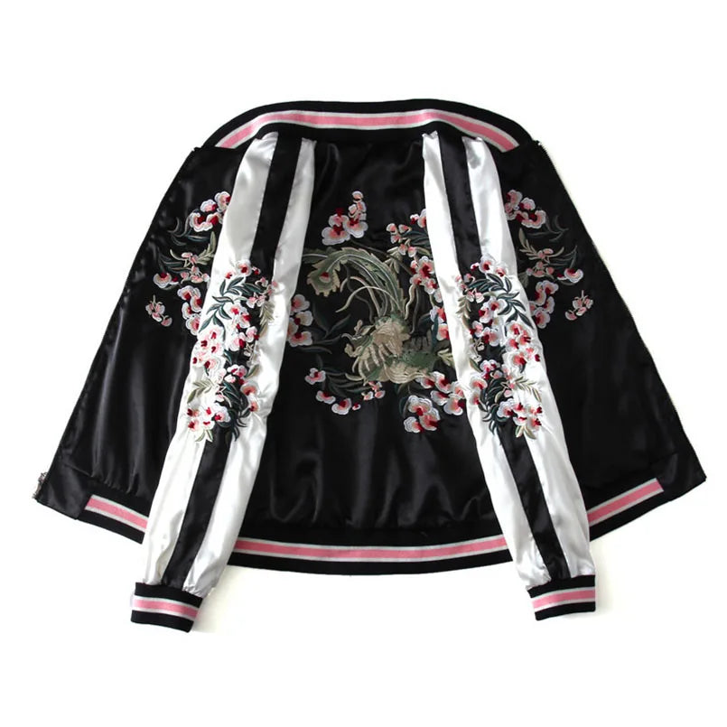 Women's Satin Sukajan Embroidered Bomber Baseball Jacket