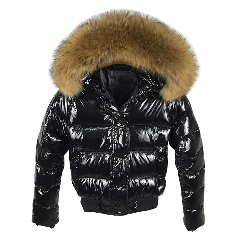 Women’s Shiny Puffer Jacket with Fur Hood