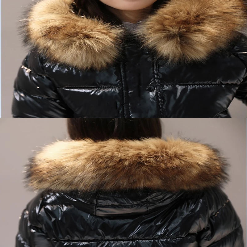 Women’s Shiny Puffer Jacket with Fur Hood