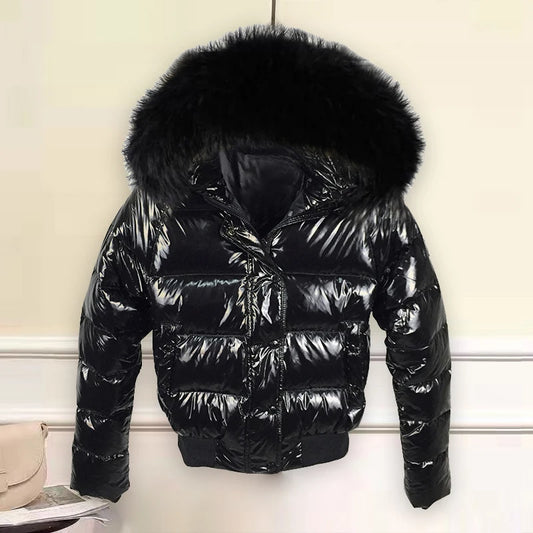 Women’s Shiny Puffer Jacket with Fur Hood