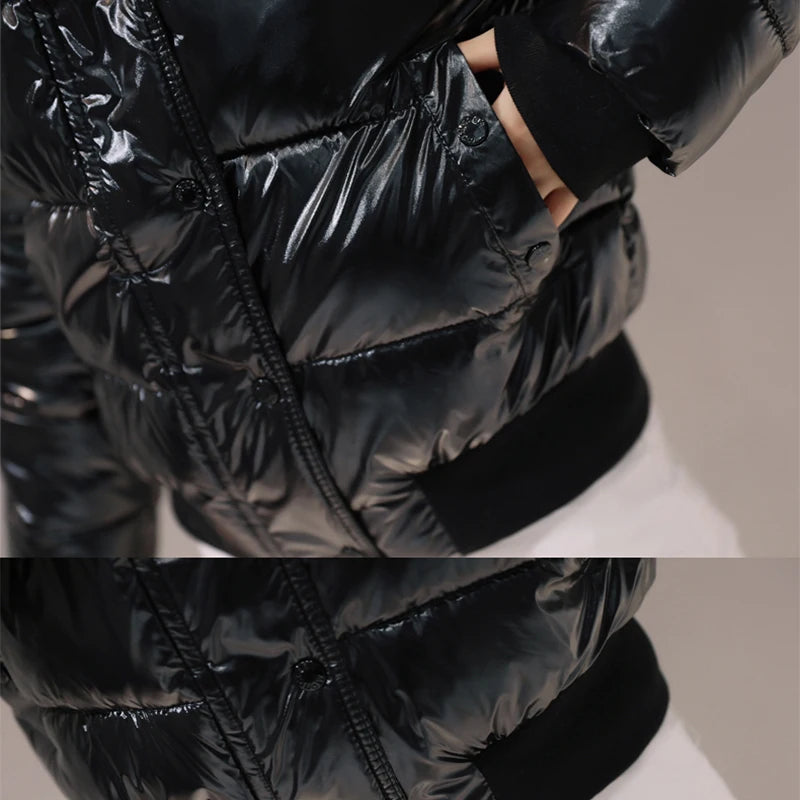 Women’s Shiny Puffer Jacket with Fur Hood