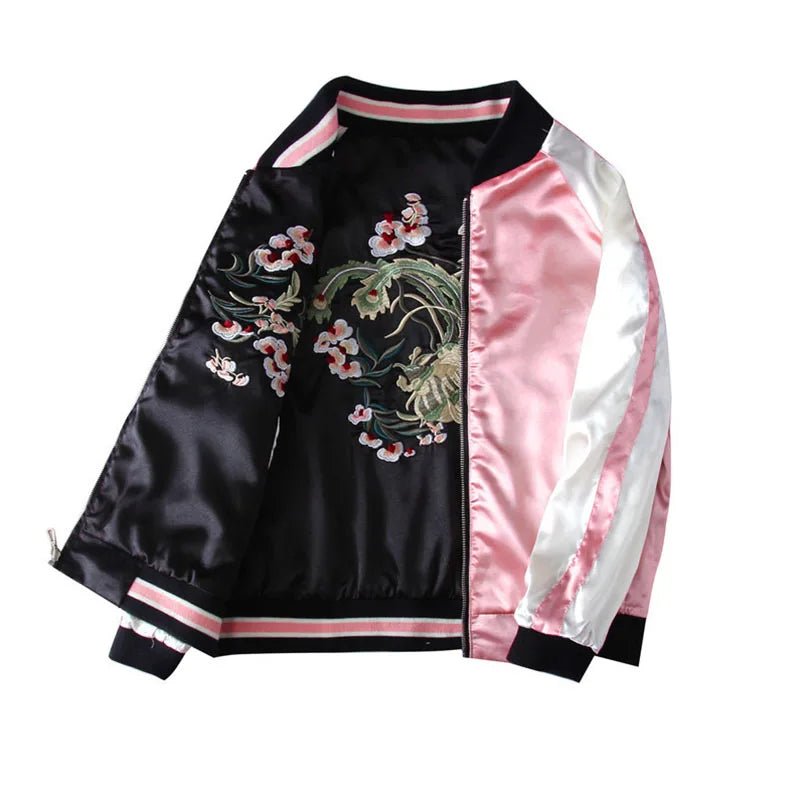 Women's Satin Sukajan Embroidered Bomber Baseball Jacket