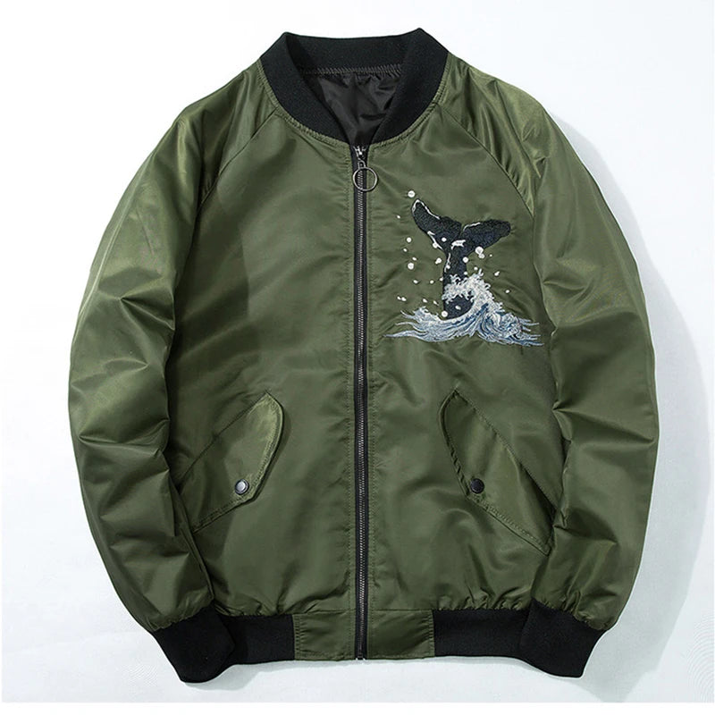 Whale Embroidered Bomber Jacket Men