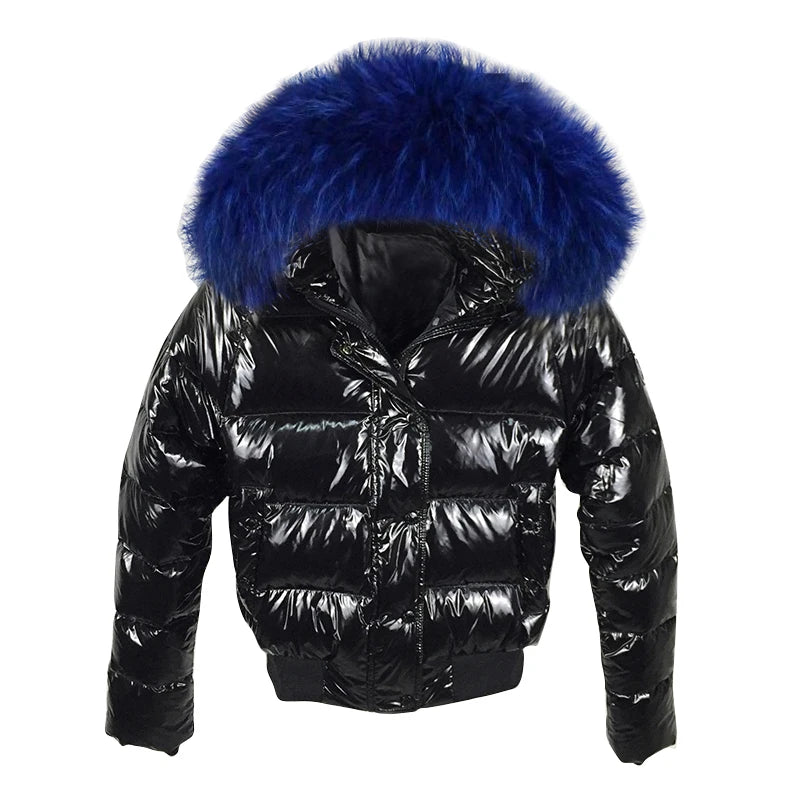 Women’s Shiny Puffer Jacket with Fur Hood