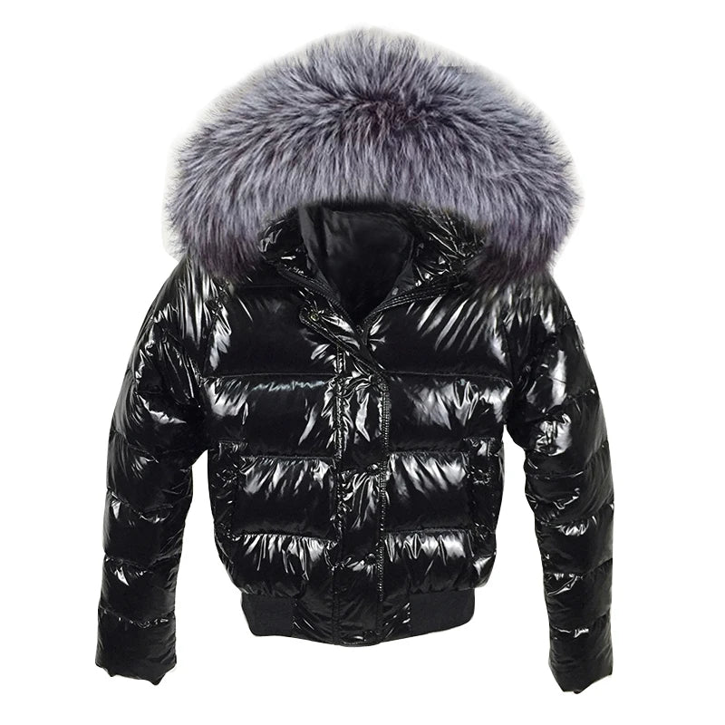 Women’s Shiny Puffer Jacket with Fur Hood