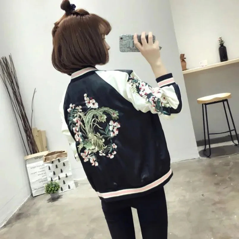 Women's Satin Sukajan Embroidered Bomber Baseball Jacket