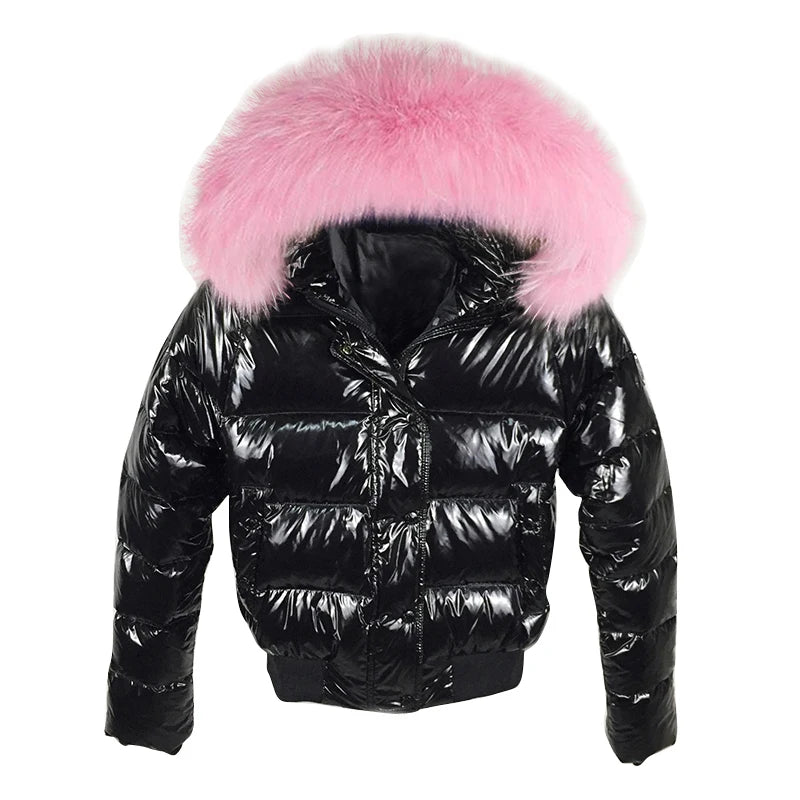 Women’s Shiny Puffer Jacket with Fur Hood