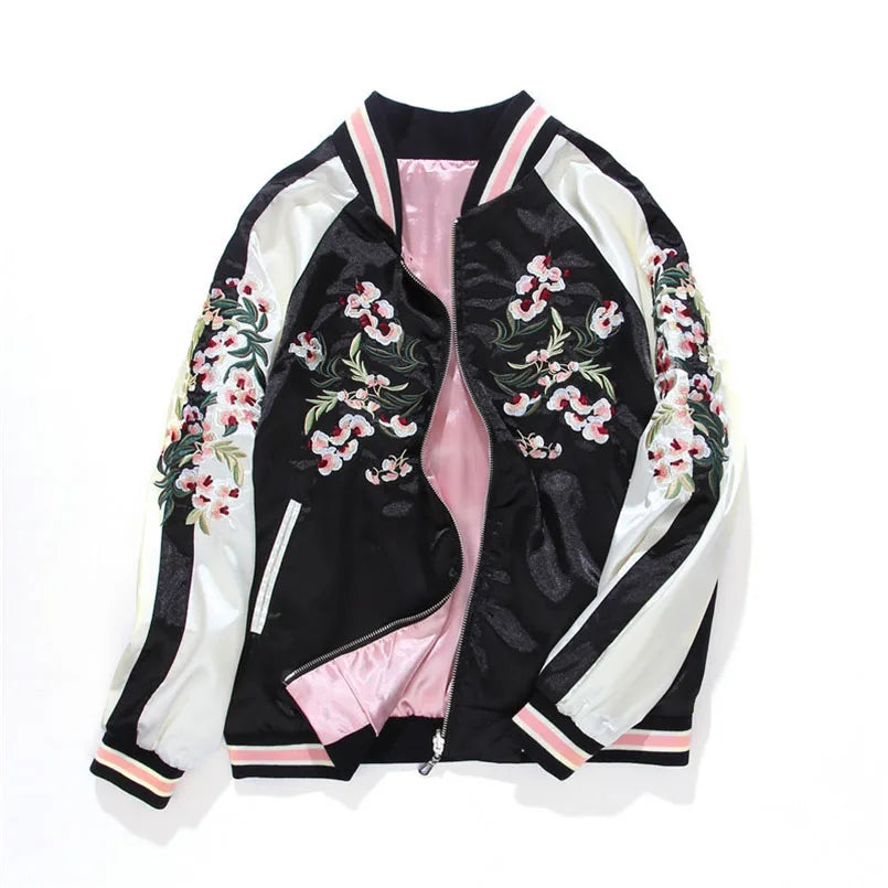 Women's Satin Sukajan Embroidered Bomber Baseball Jacket