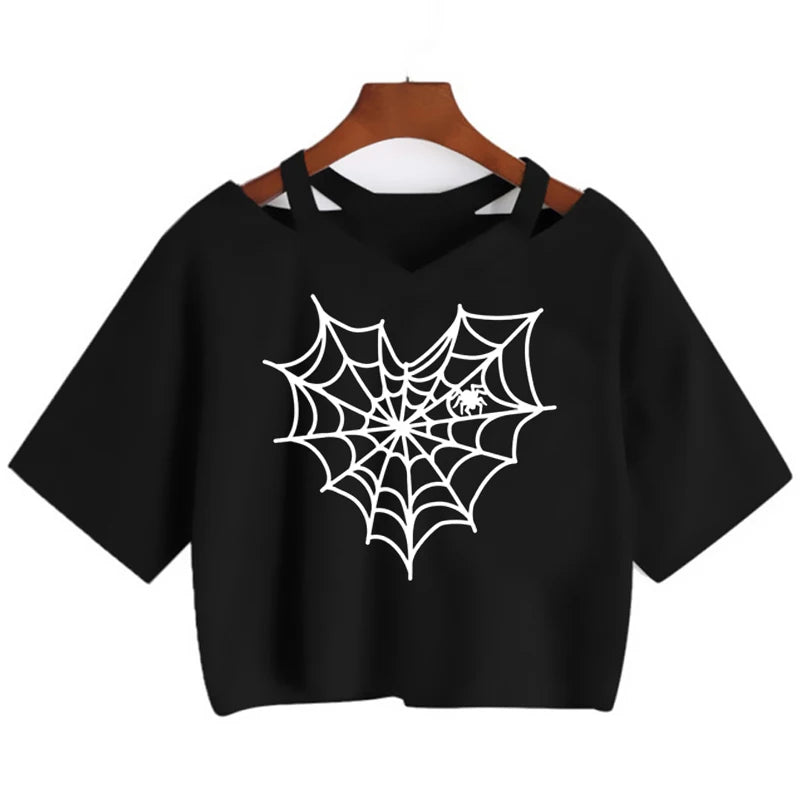 Vintage Spider Goth Graphic T Shirt Women Y2k Punk Style Crop