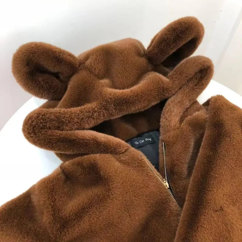 Cozy Bear-Ear Hooded Faux Fur Jacket