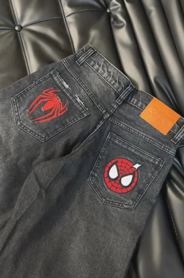 Spider-Inspired Embroidered Denim Jeans