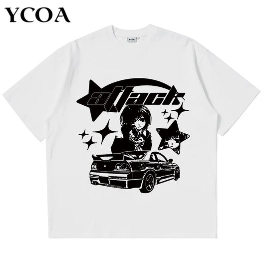 Oversized T-Shirt Men Y2k Tops Cotton Print Car Summer Harajuku Streetwear