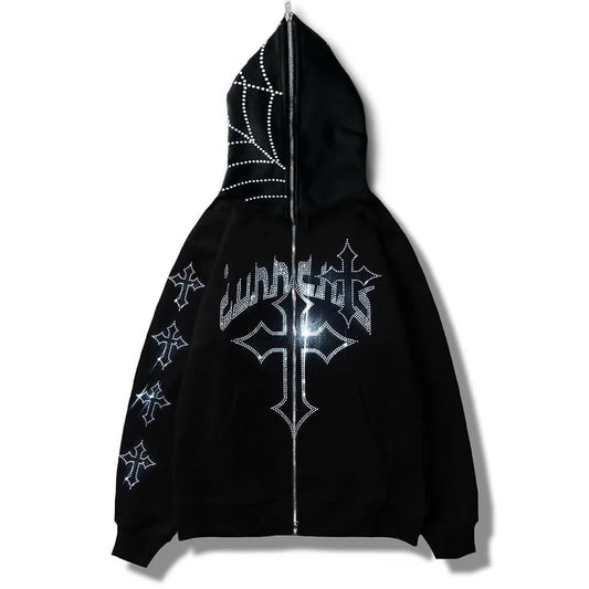 Gothic Rhinestone Zip-Up Hoodie