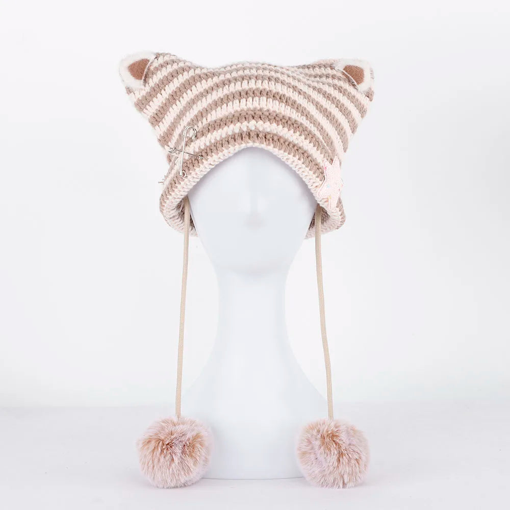 Handmade Knitted Cat Ear Beanie with Pom-Poms