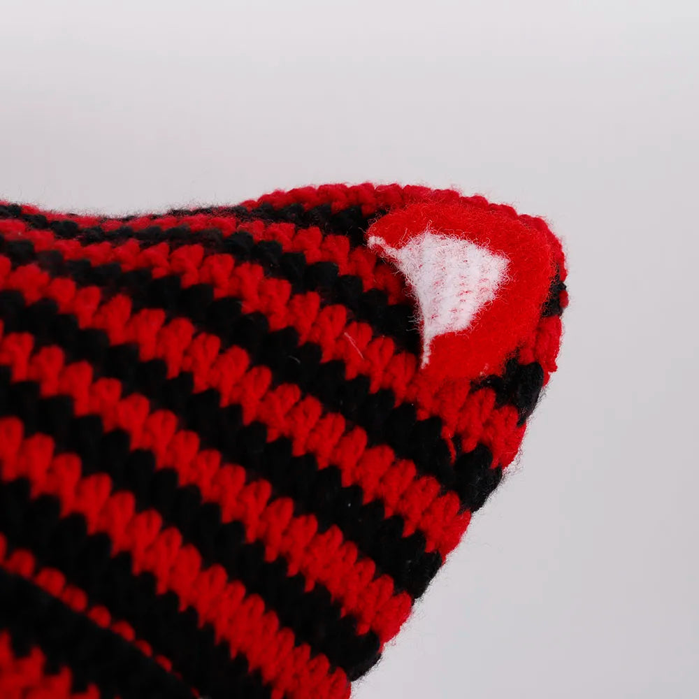 Handmade Knitted Cat Ear Beanie with Pom-Poms