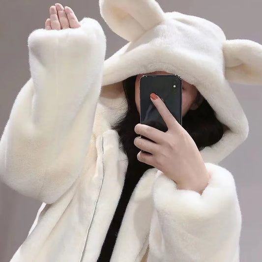 Cozy Bear-Ear Hooded Faux Fur Jacket