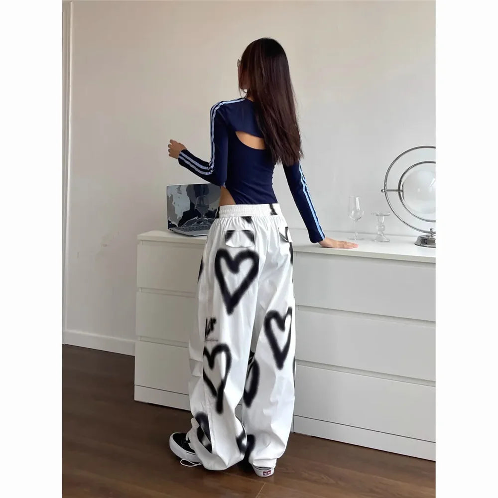 Graffiti Heart Print Wide-Leg Pants