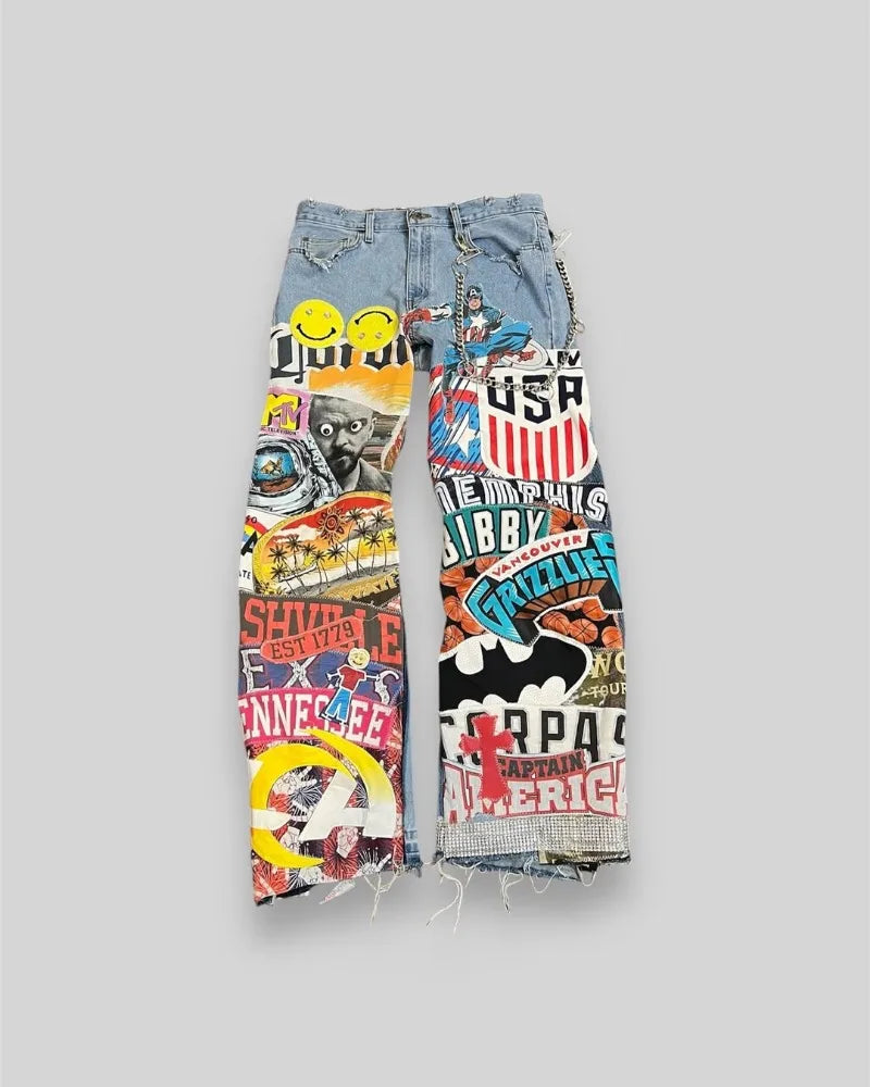 Fashion Washing Fashion Cartoon Printed Oversized Jeans Men Y2k