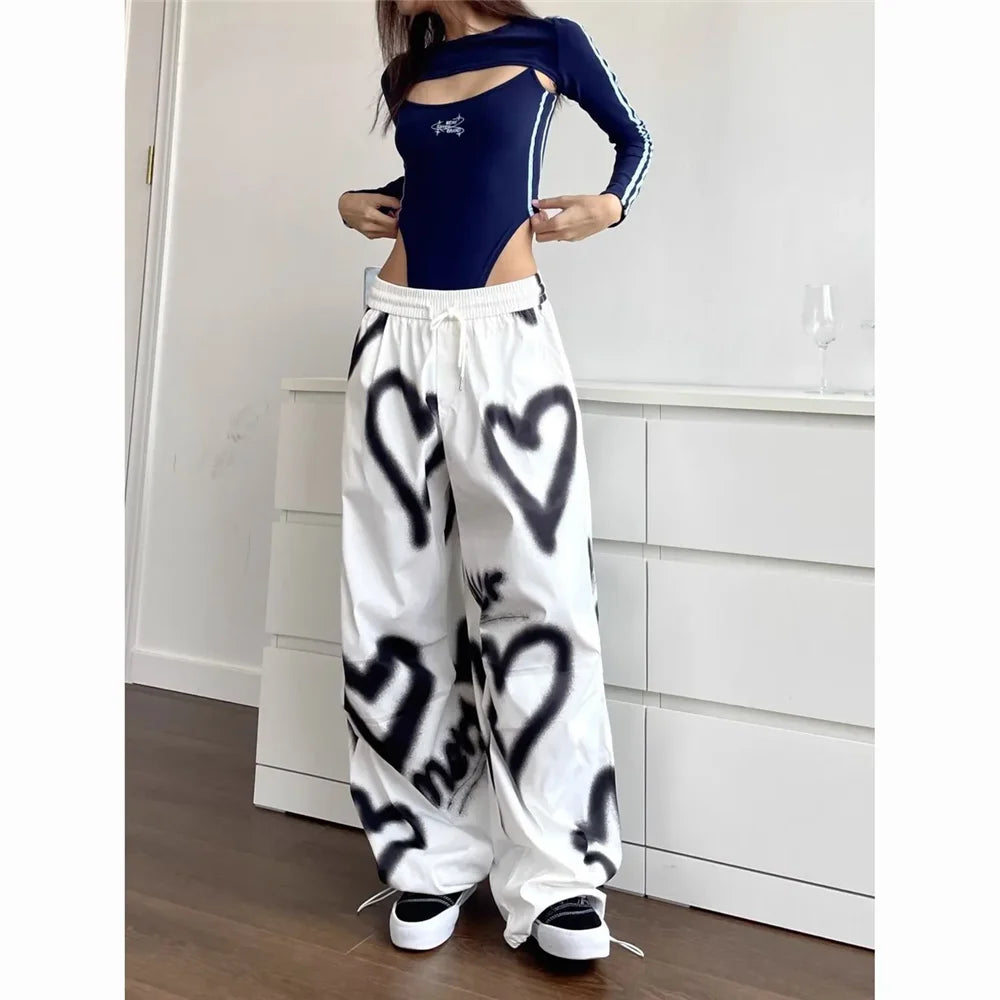 Graffiti Heart Print Wide-Leg Pants