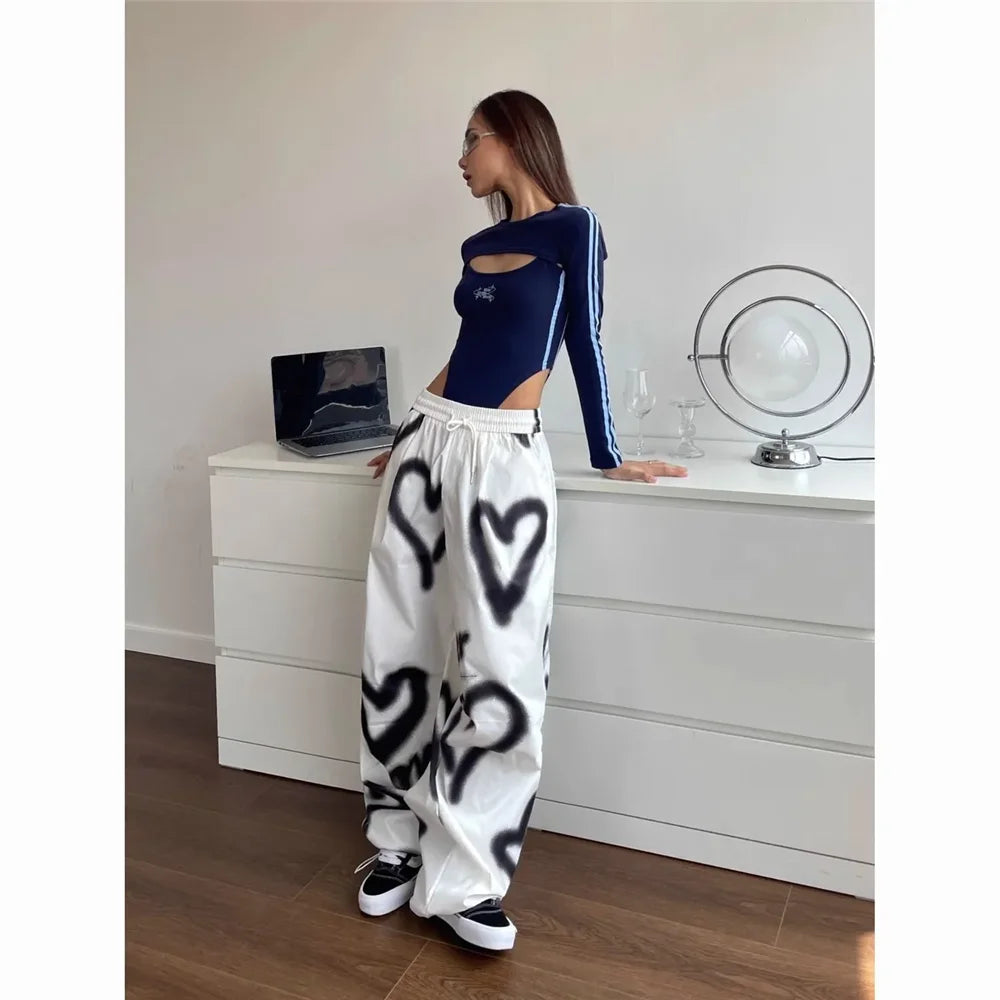 Graffiti Heart Print Wide-Leg Pants