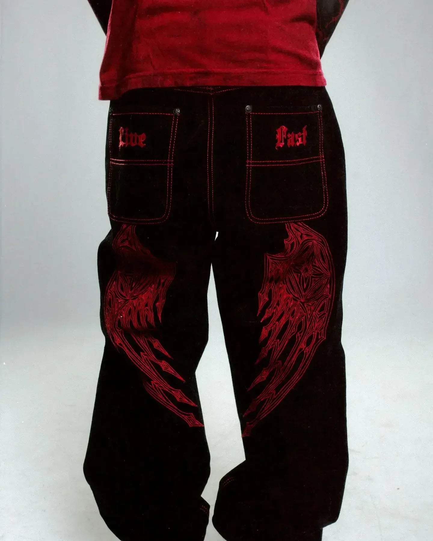 Affliction Black Jeans Red Wing Print Y2K Baggy Jeans