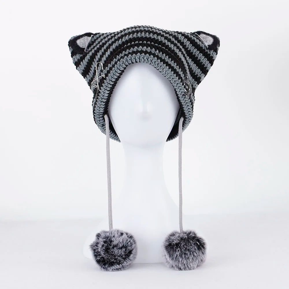 Handmade Knitted Cat Ear Beanie with Pom-Poms