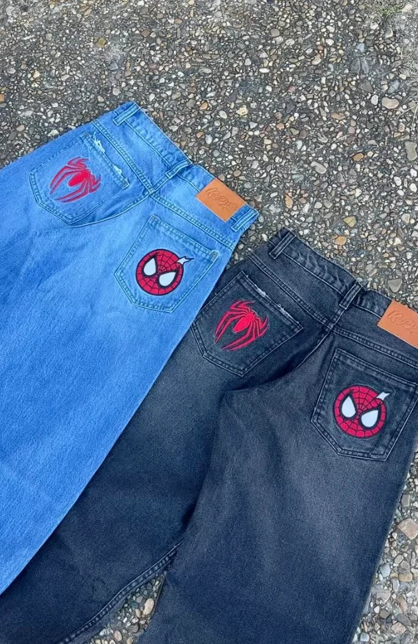 Spider-Inspired Embroidered Denim Jeans