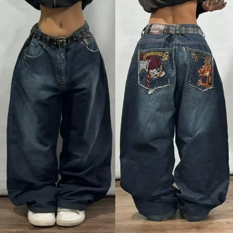 American Hip-Hop Loose Men Oversized Jeans Embroidered