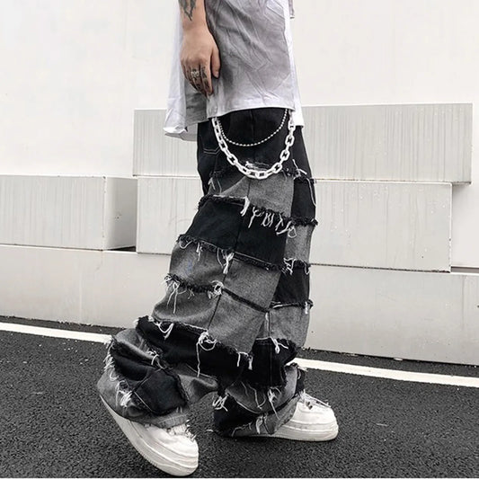 Tassel Jeans Men's Patchwork Wide Leg Lazy Style Hip Hop