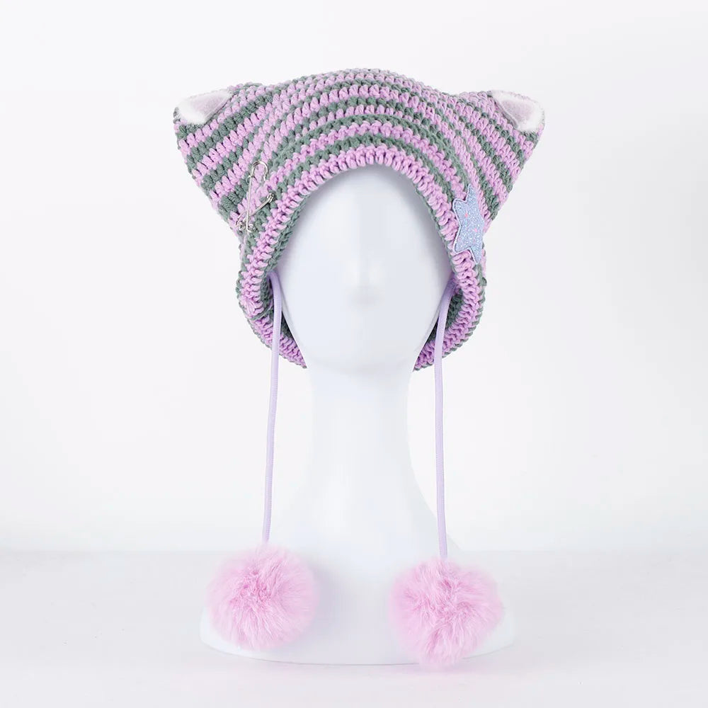 Handmade Knitted Cat Ear Beanie with Pom-Poms