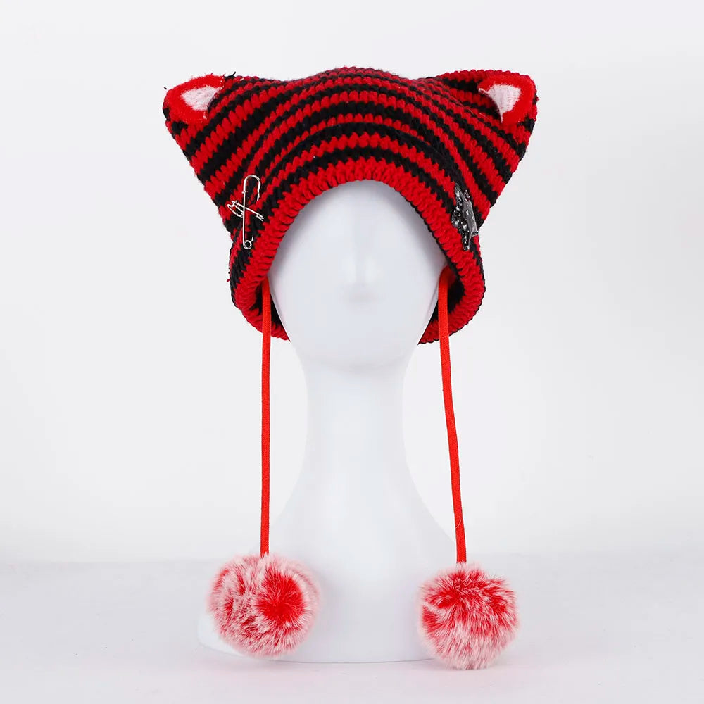 Handmade Knitted Cat Ear Beanie with Pom-Poms