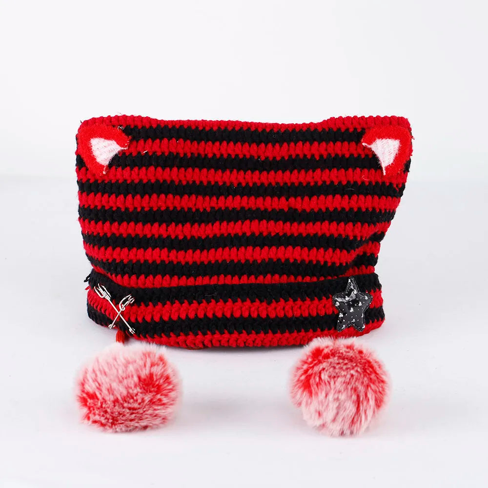 Handmade Knitted Cat Ear Beanie with Pom-Poms