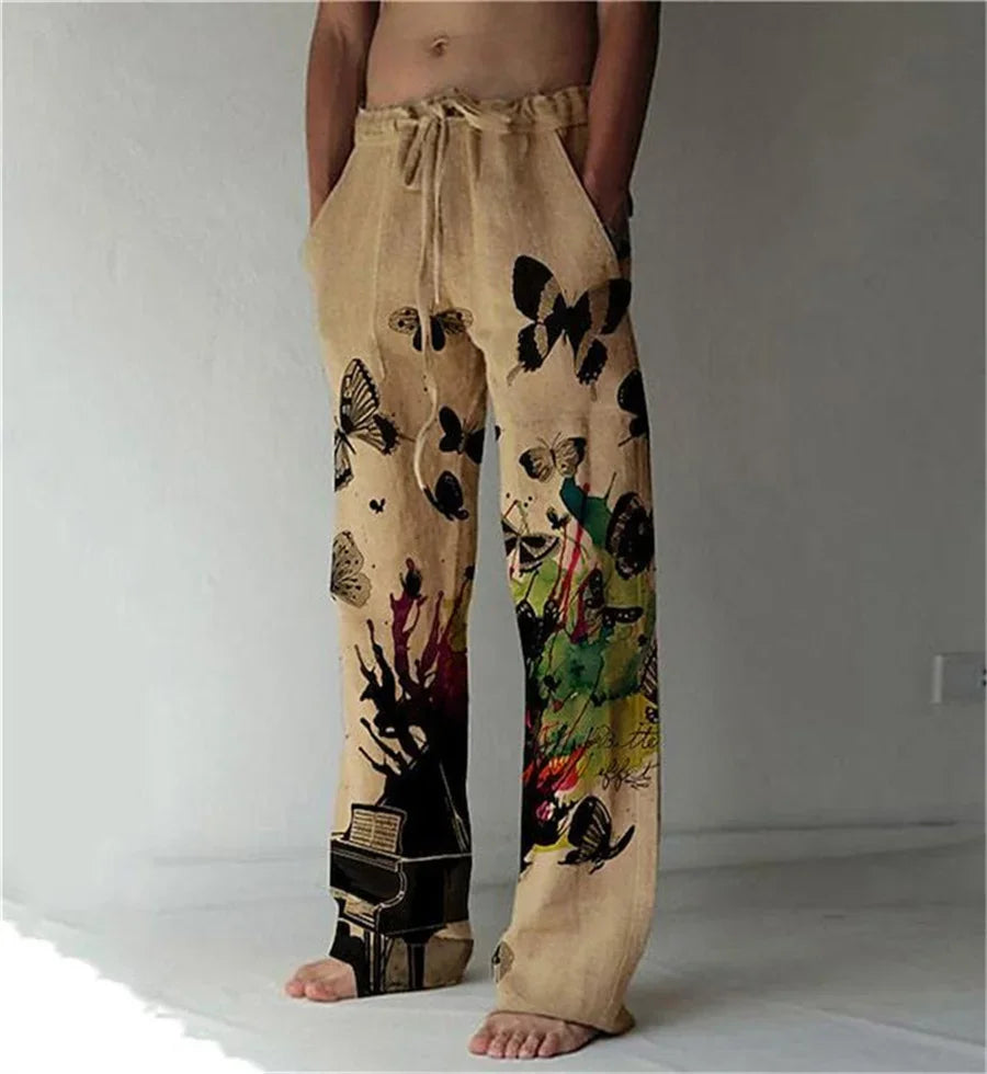 Summer abstract pattern print fashion men's trousers street trend breathable loose casual pants