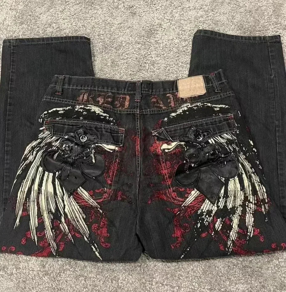 Affliction Black Jeans Red Wing Print Y2K Baggy Jeans