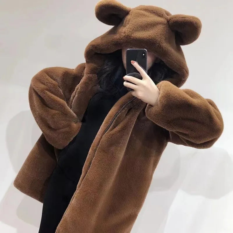 Cozy Bear-Ear Hooded Faux Fur Jacket