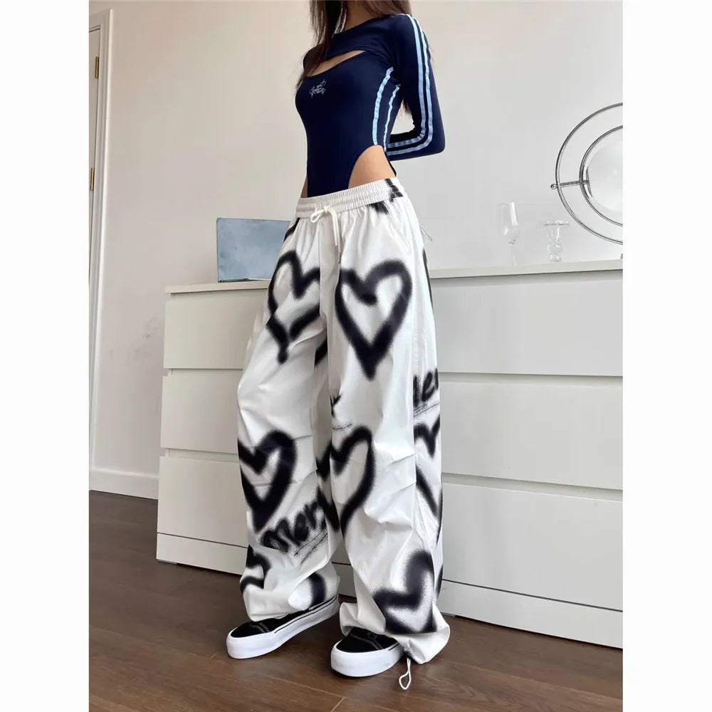 Graffiti Heart Print Wide-Leg Pants