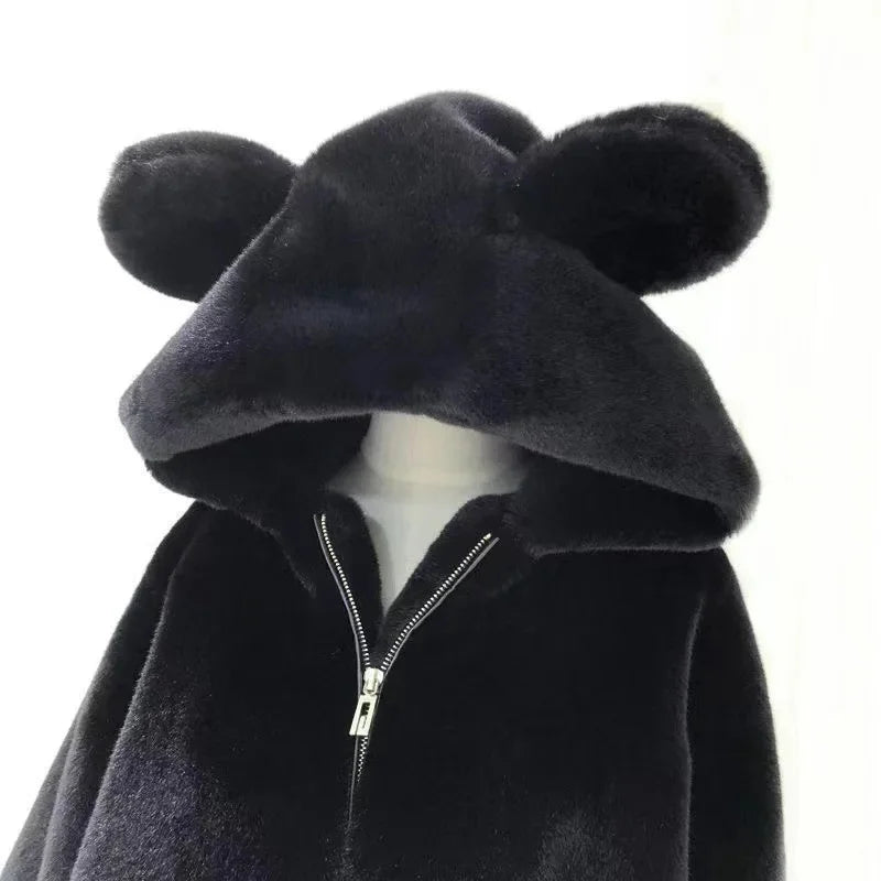 Cozy Bear-Ear Hooded Faux Fur Jacket