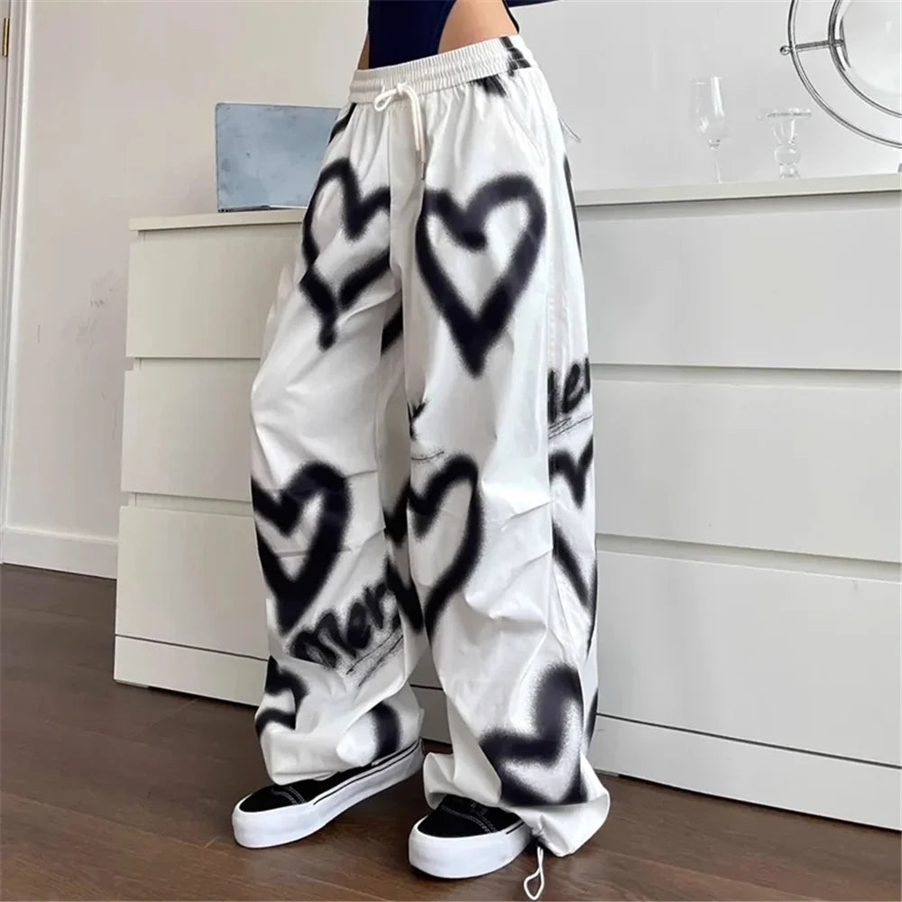 Graffiti Heart Print Wide-Leg Pants