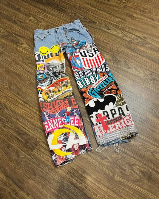 Fashion Washing Fashion Cartoon Printed Oversized Jeans Men Y2k