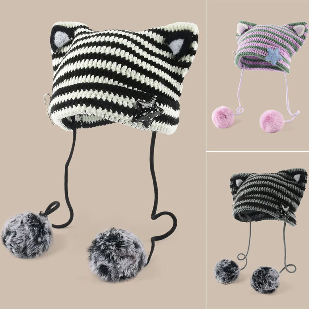 Handmade Knitted Cat Ear Beanie with Pom-Poms