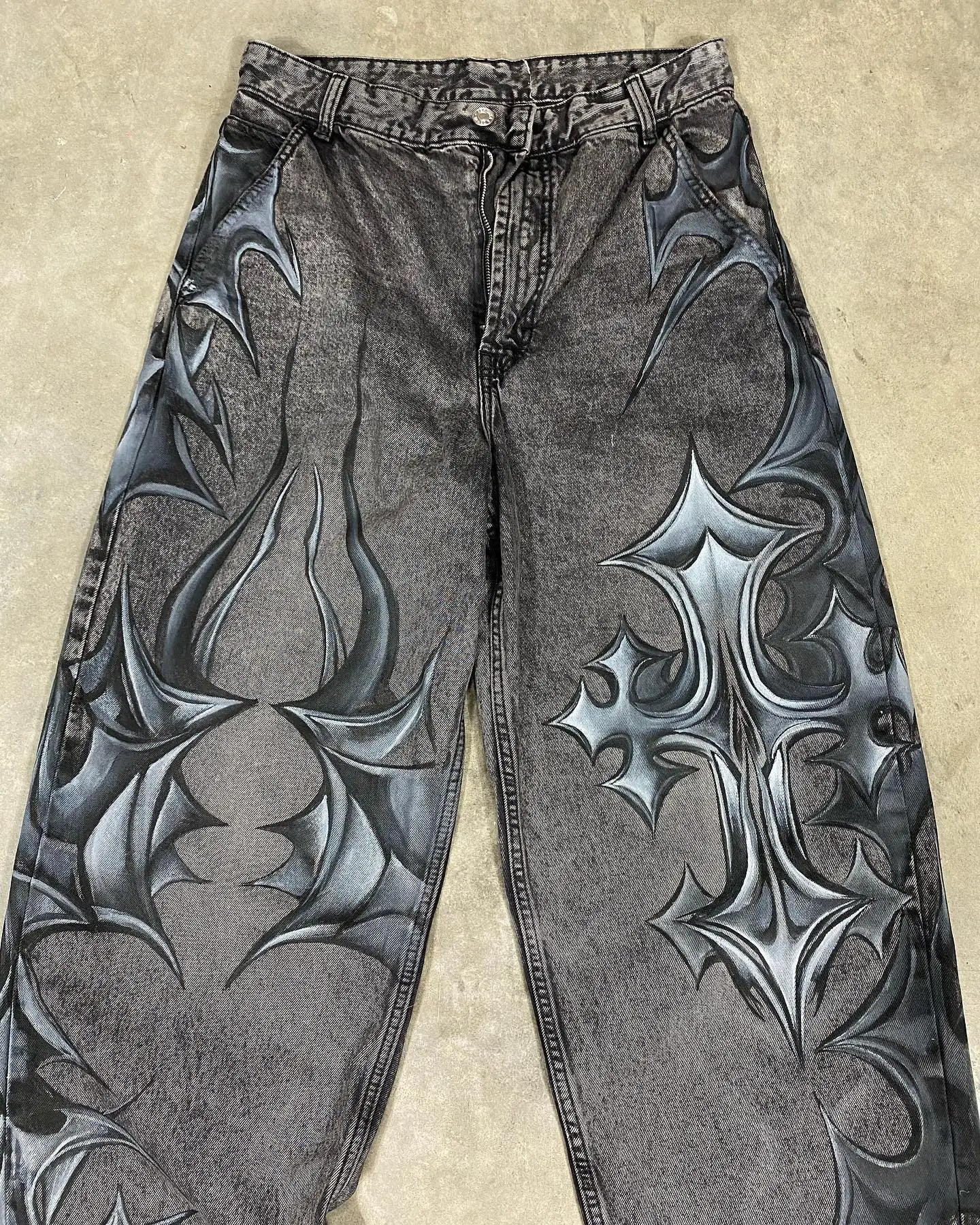 90s Hip Hop Punk Unique Print Design Y2K High Waist Jeans Male