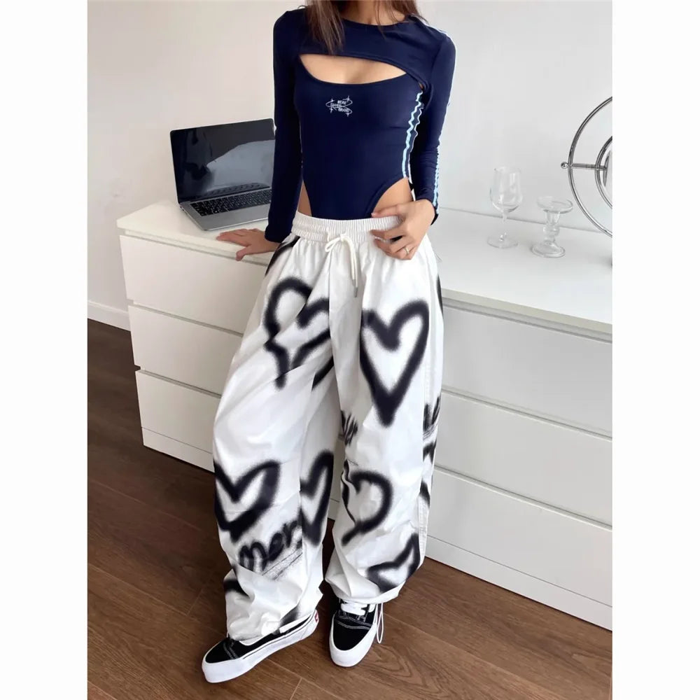 Graffiti Heart Print Wide-Leg Pants