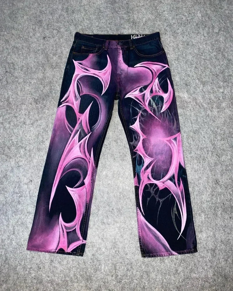 90s Hip Hop Punk Unique Print Design Y2K High Waist Jeans Male